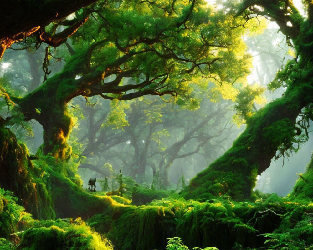 Sunlit Green Forest with Mossy Ground & Wildlife Silhouettes