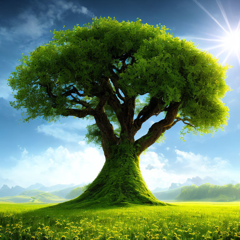 Majestic green tree in vibrant meadow under clear blue sky