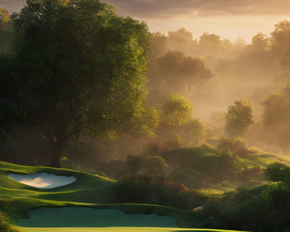 Tranquil Golf Course at Sunrise with Green Fairways