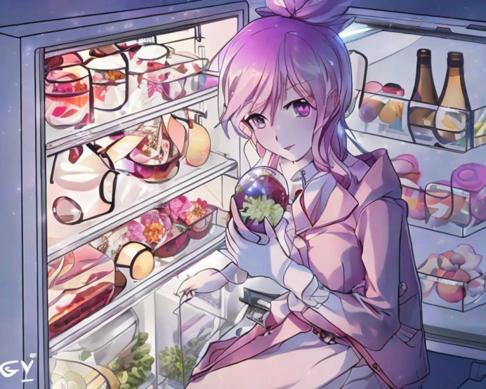 Purple-haired female character with snow globe in front of full refrigerator at night