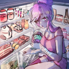 Purple-haired female character with snow globe in front of full refrigerator at night