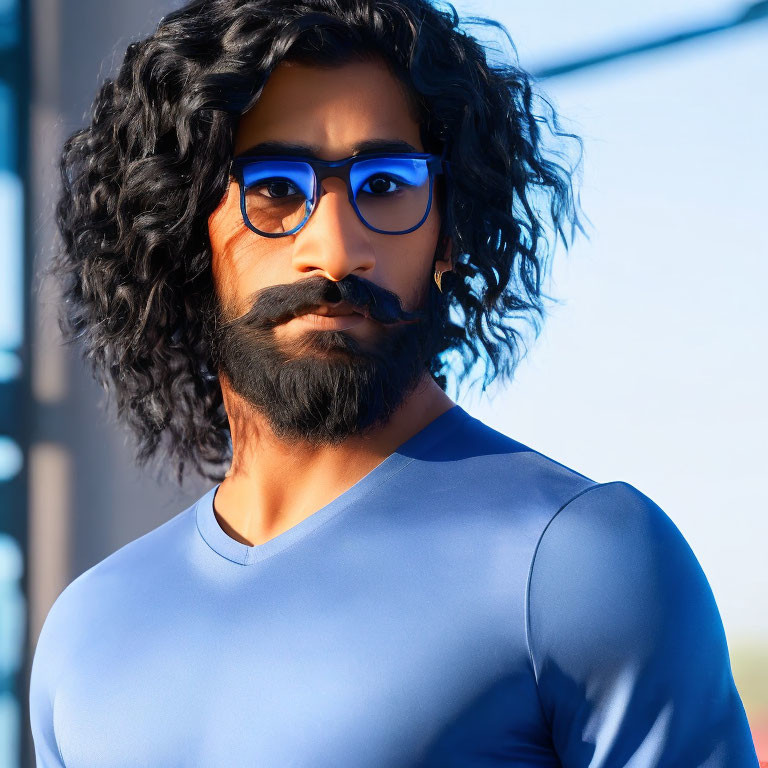 Digital 3D illustration of a man with black hair, beard, blue glasses, and tight blue