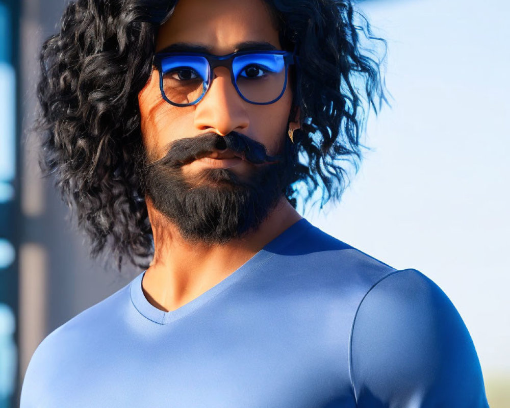 Digital 3D illustration of a man with black hair, beard, blue glasses, and tight blue