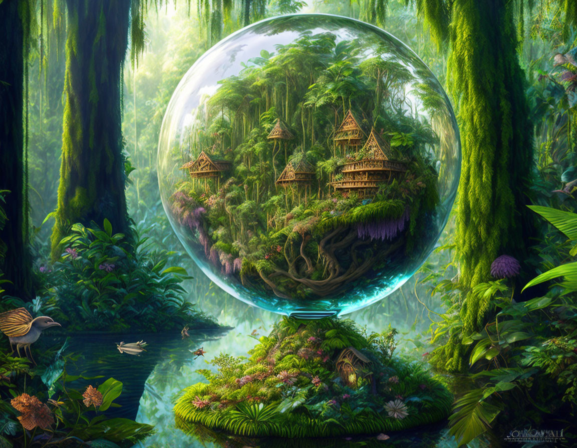 Vibrant forest scene in transparent sphere with treehouses and lush flora