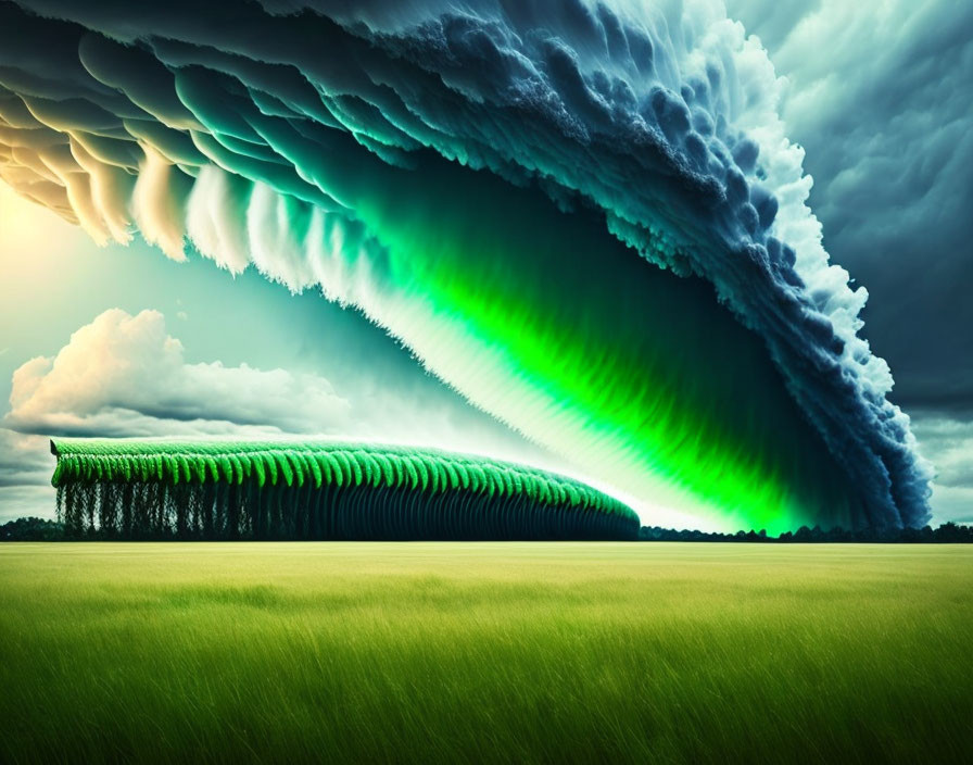 Surreal landscape with green field and colossal wave-like cloud structure