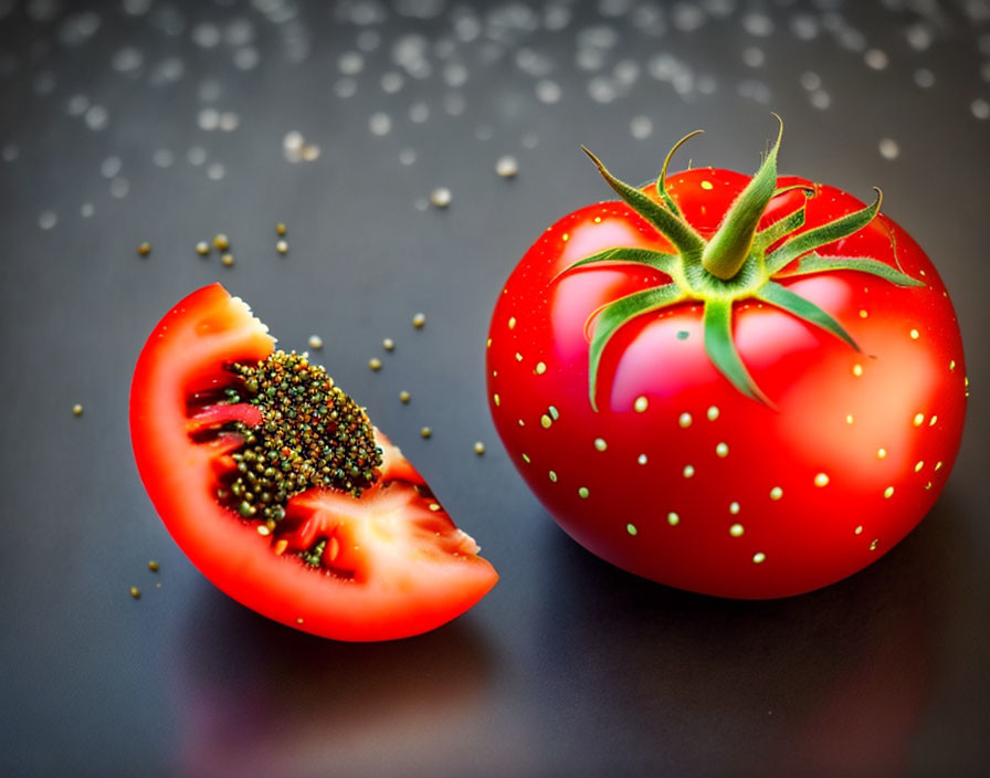 Fresh Red Tomato and Sliced Piece on Dark Surface