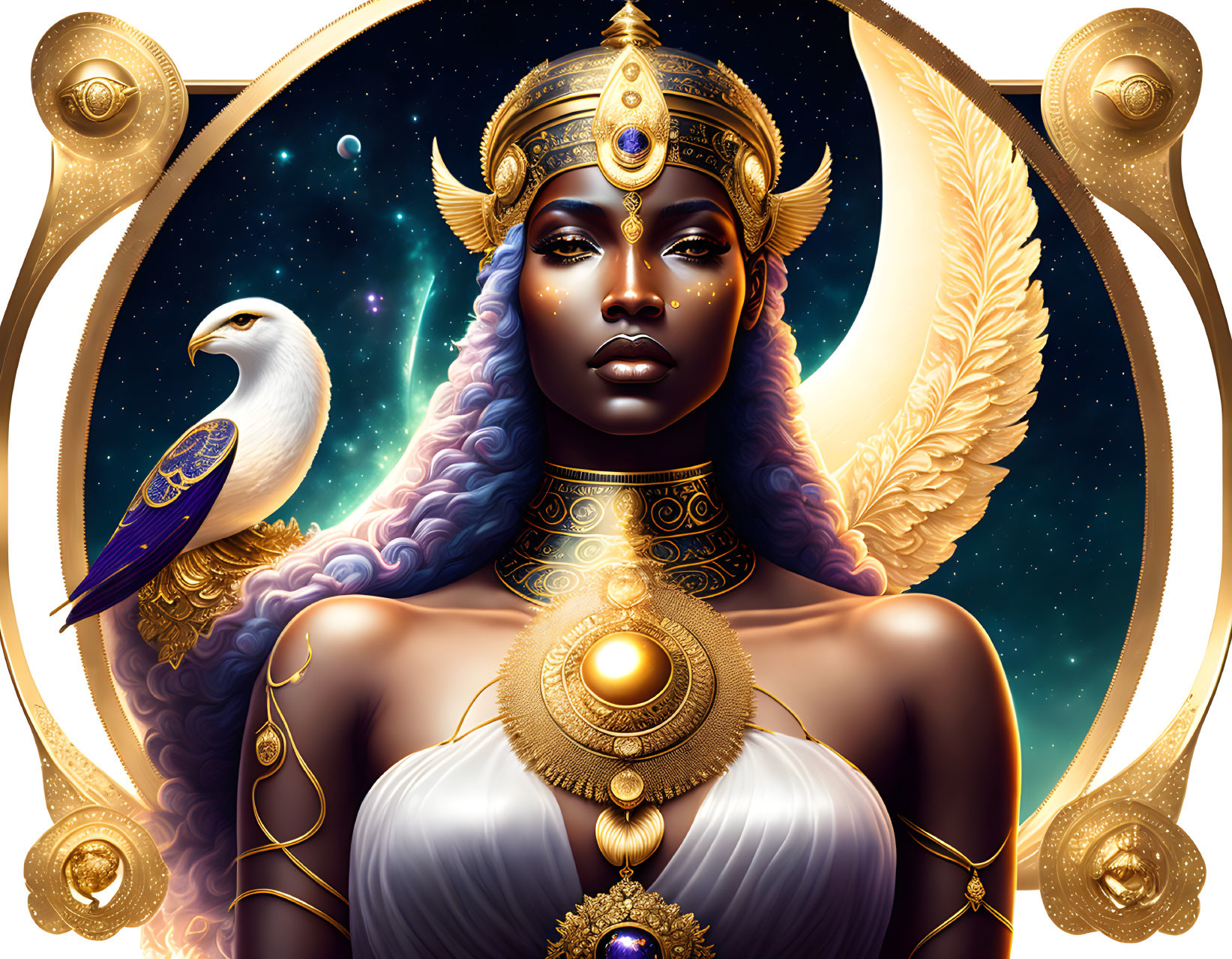 Regal Dark-Skinned Woman with Golden Headdress and Eagle in Celestial Setting