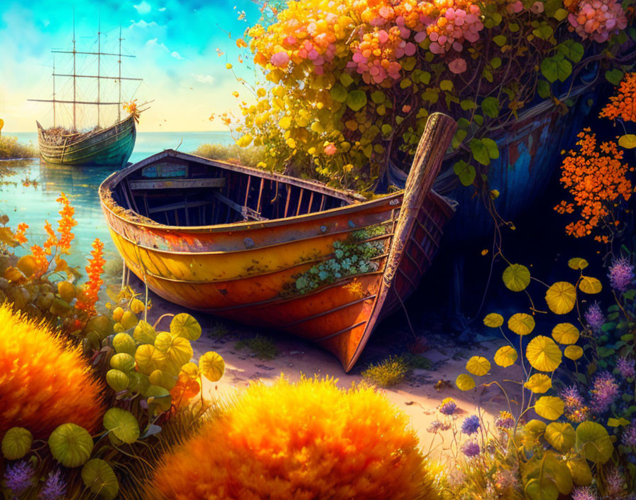 Tranquil waters with wooden boat, blooming flowers, and old ship under blue sky