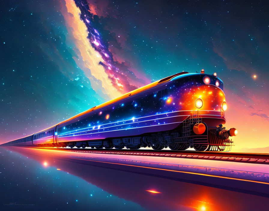 Colorful Train Illustration with Cosmic Theme and Nebula Background