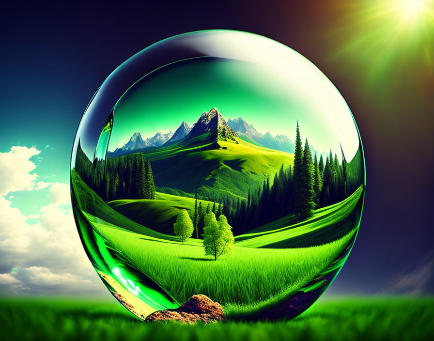 Surreal green landscape with mountains in transparent sphere