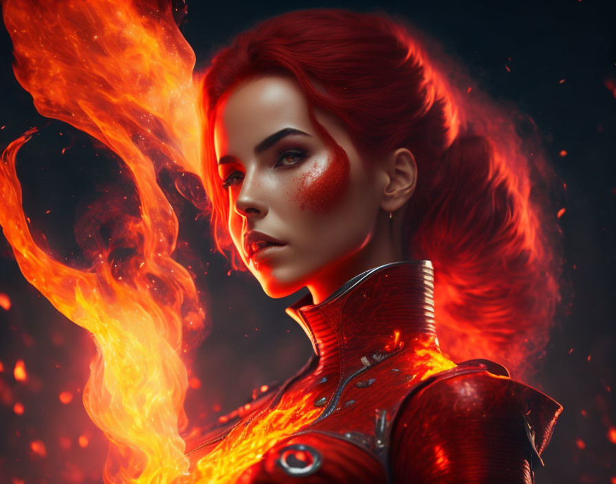 Digital Artwork: Red-Haired Woman in Armor with Flames on Dark Background