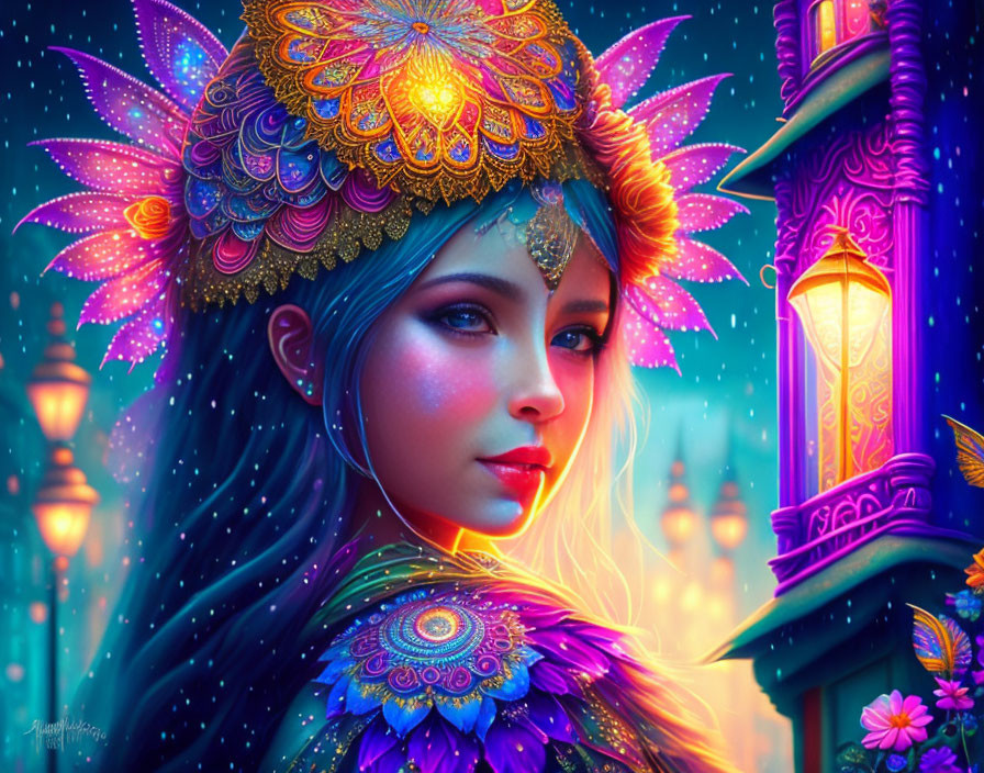 Colorful digital artwork of woman with blue hair and golden headdress beside glowing lantern in mystical scene