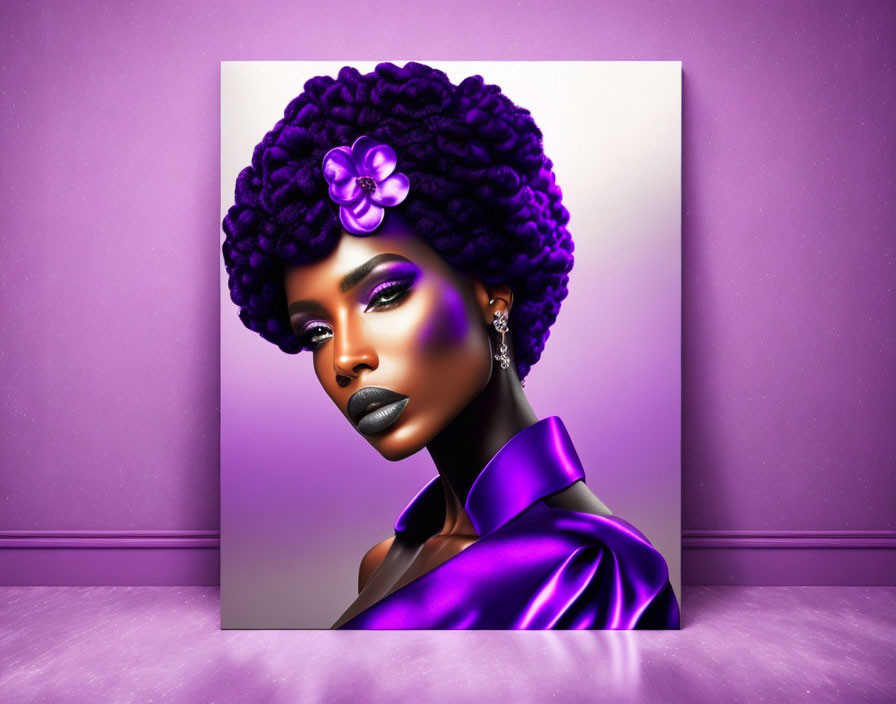 Digital art portrait of woman with purple afro hair and elegant attire on pink backdrop