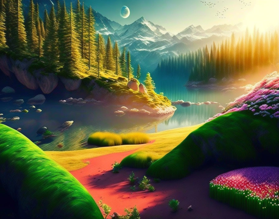 Colorful Forest, Serene Lake, Moonlight Reflections: Fantastical Landscape Scene