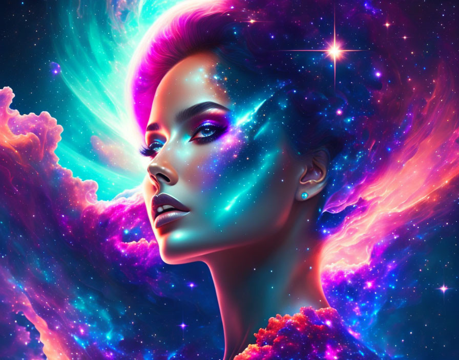 Cosmic-themed portrait of a woman with stars and nebulas