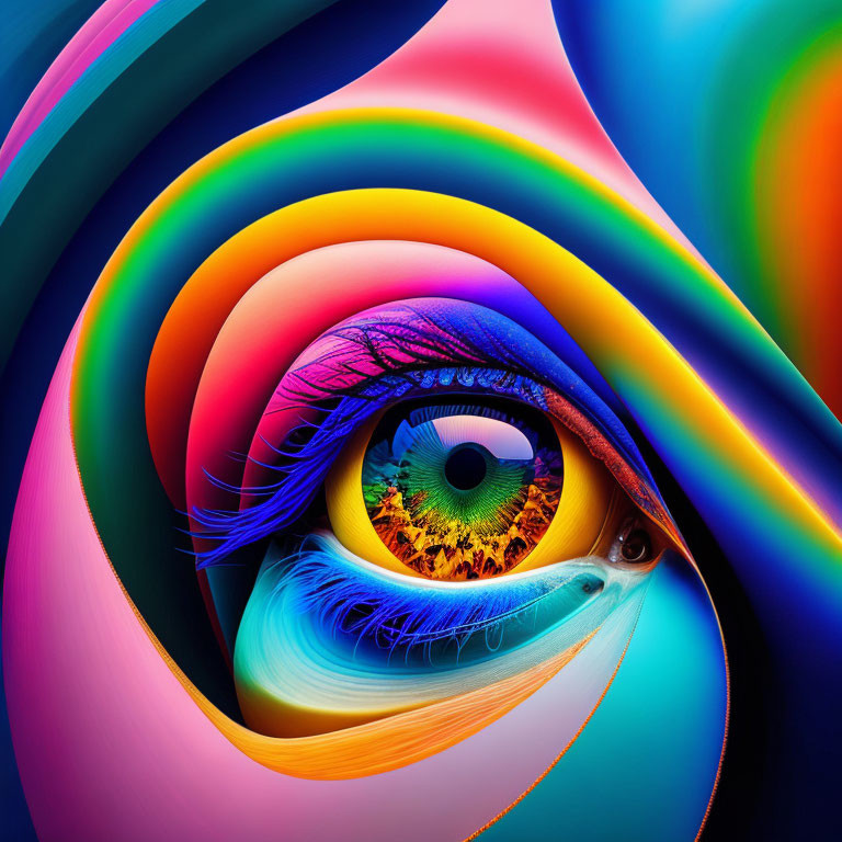 Colorful Abstract Digital Artwork of Realistic Eye with Swirling Shapes