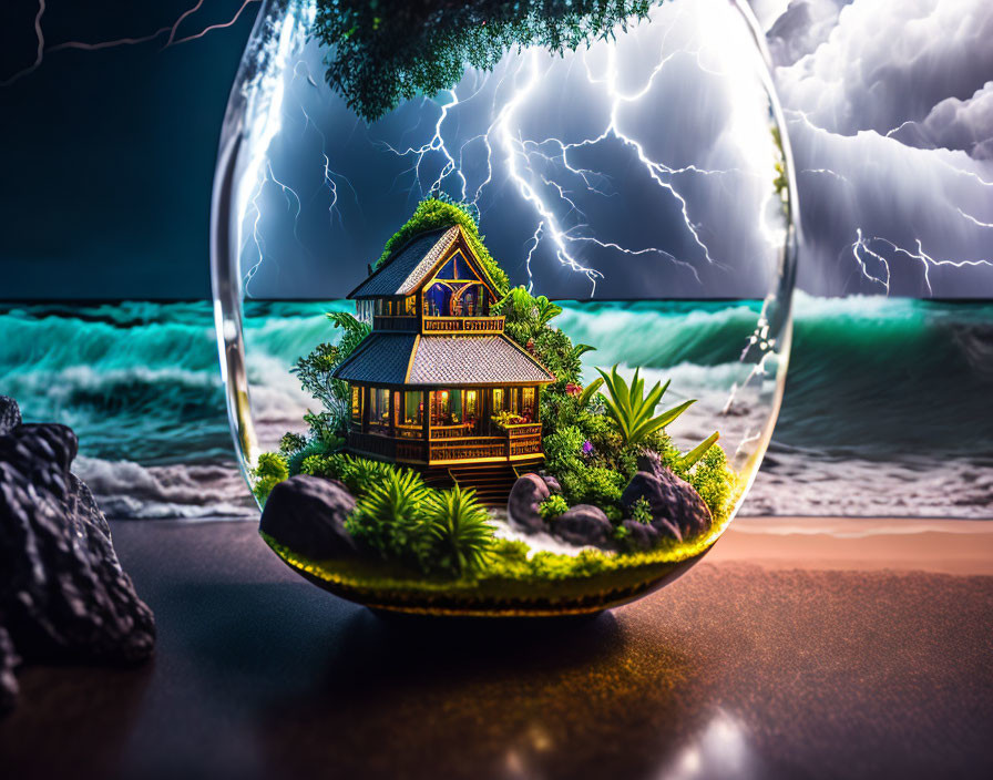 Miniature house in transparent sphere amid stormy seas and lightning