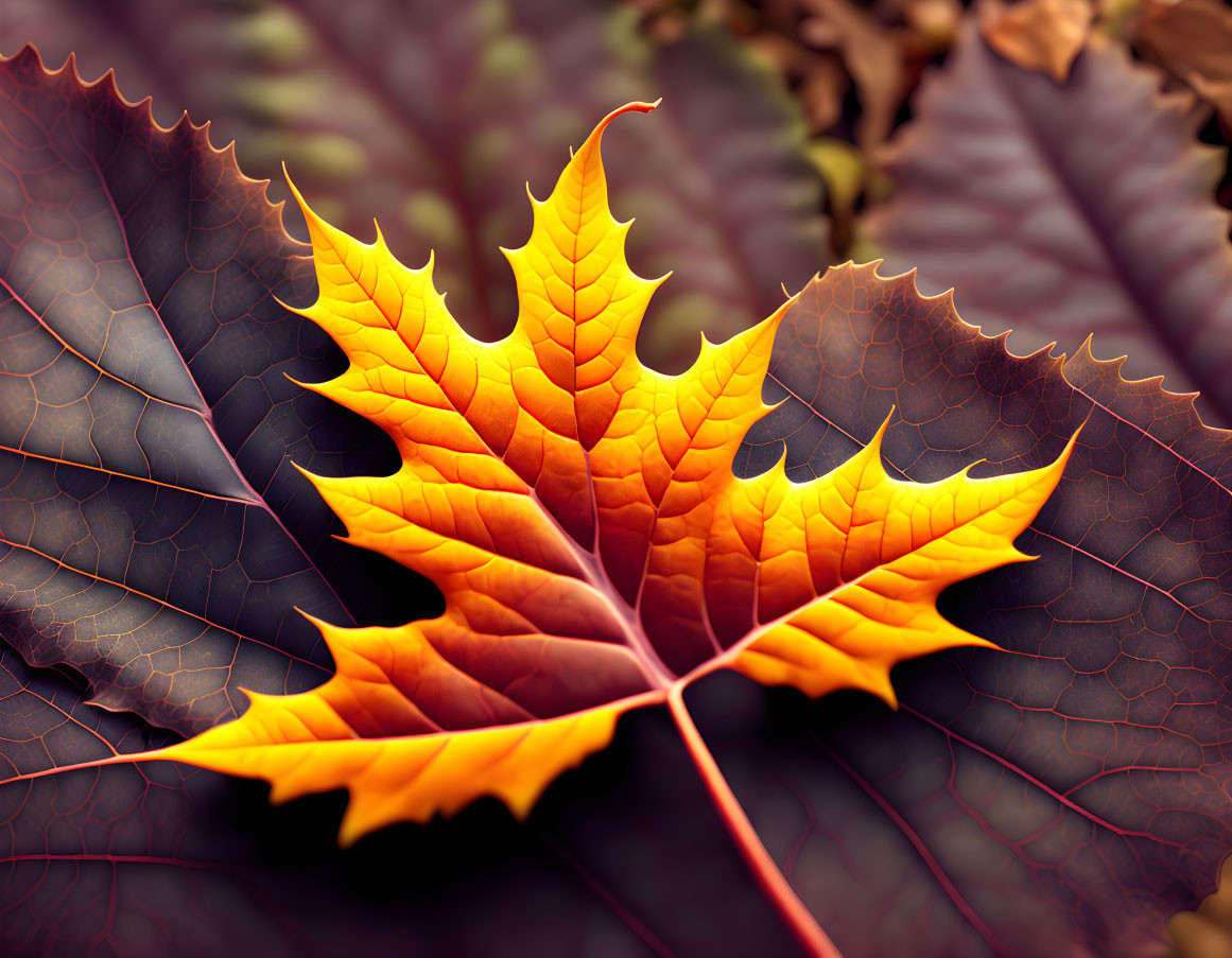 Vibrant orange autumn leaf on darker leaves symbolizes fall beauty