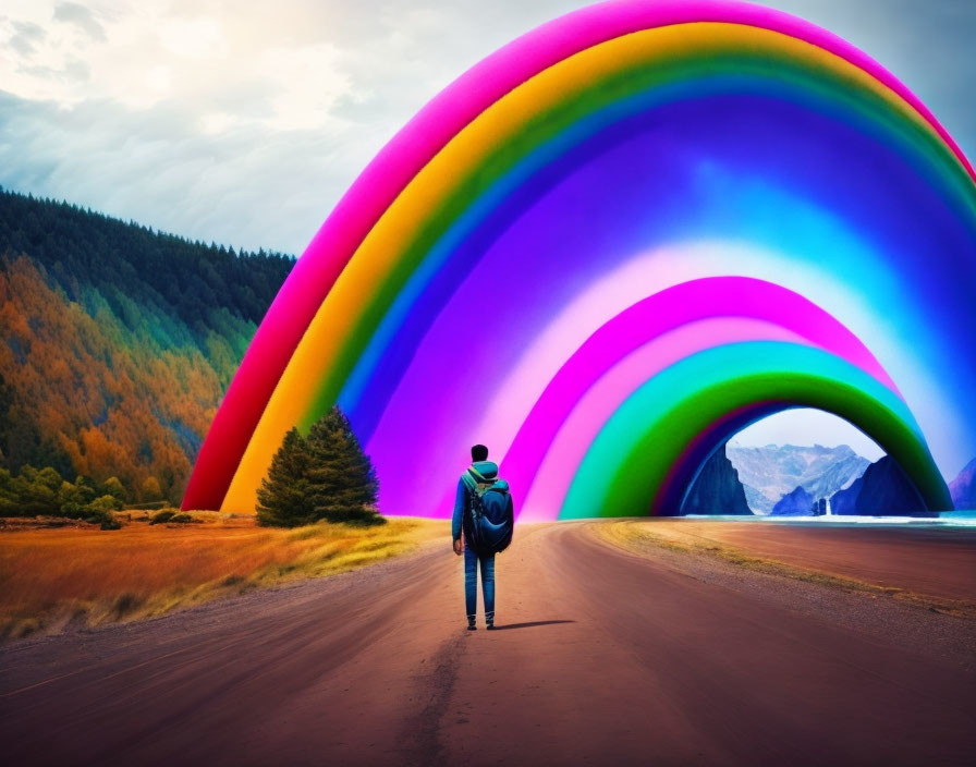 Hiker on road under surreal rainbow with mountains