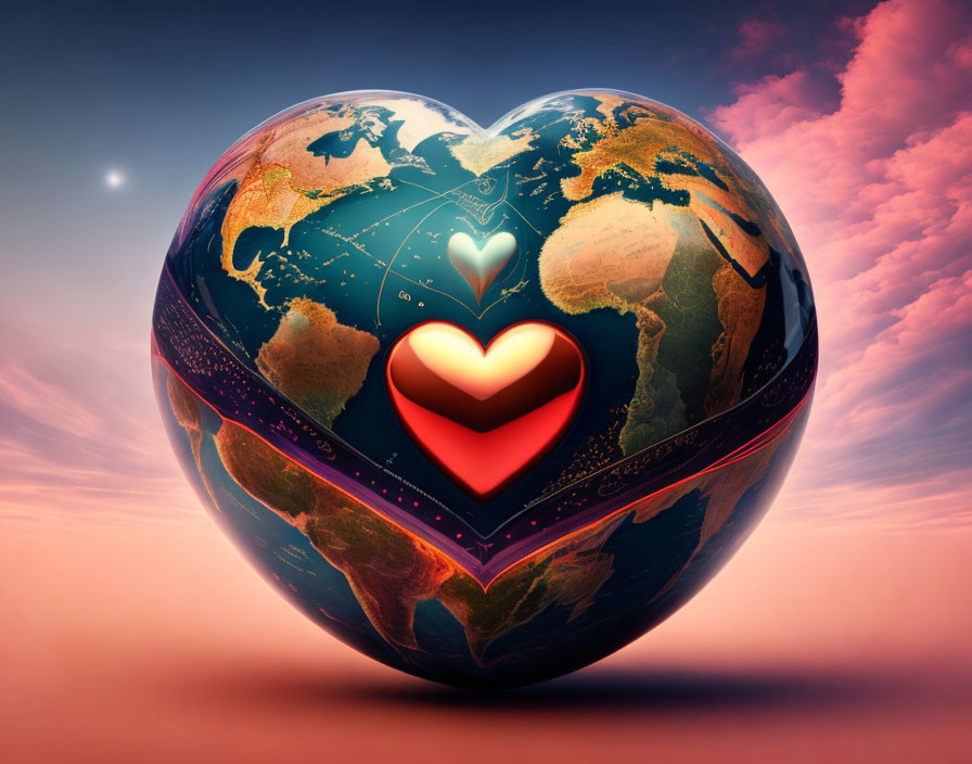 Heart-shaped globe with red heart on warm gradient sky symbolizing love for the world