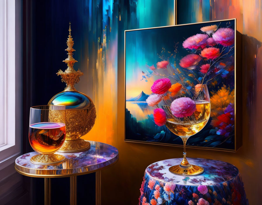 Opulent interior with golden decanter, floral artwork, and abstract wall