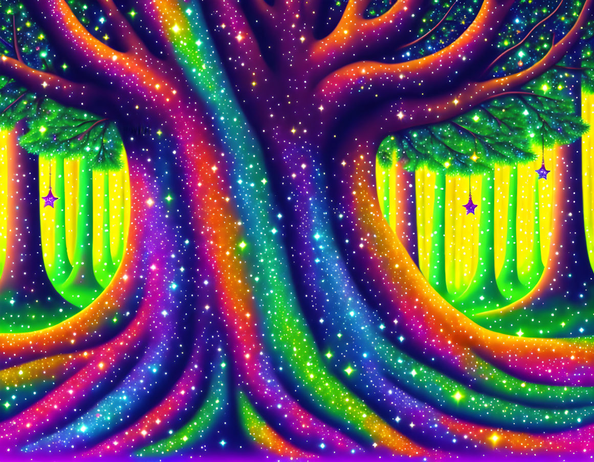 Colorful Whimsical Tree Illustration on Cosmic Background