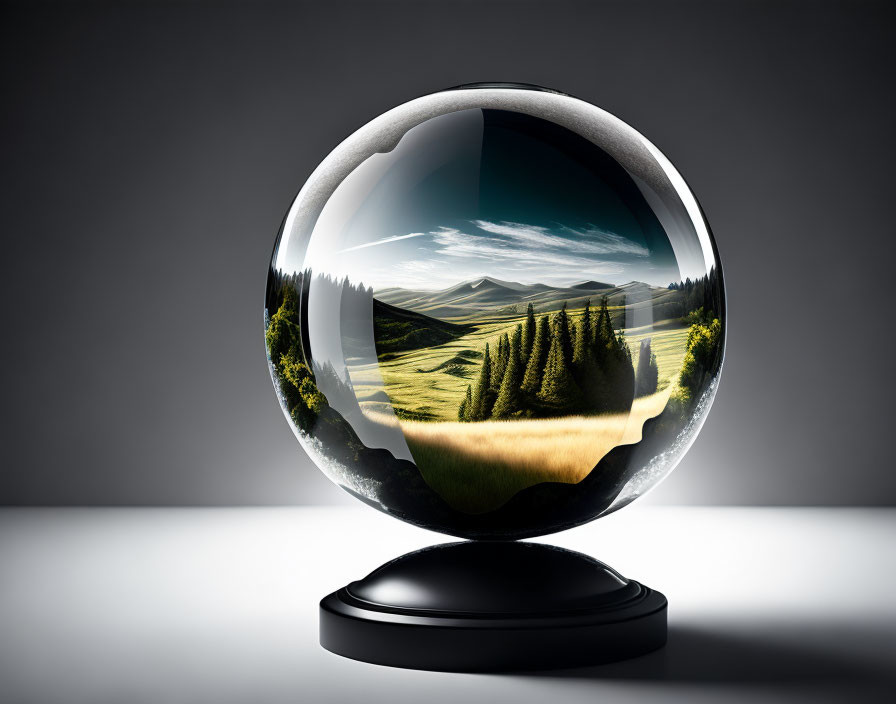 Vivid landscape with green fields and forest in crystal ball