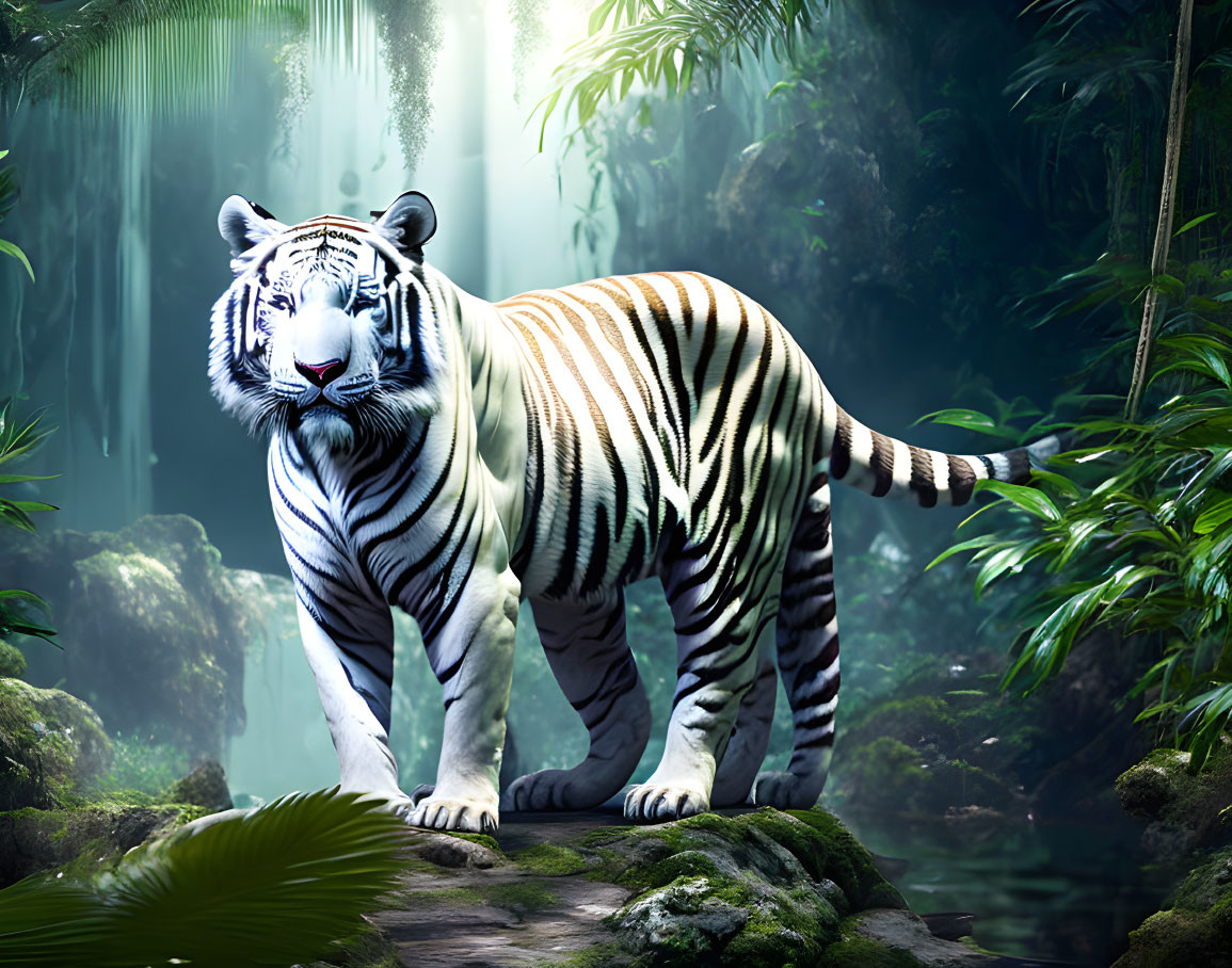 White Tiger Standing on Rock in Lush Jungle with Sunlight Rays