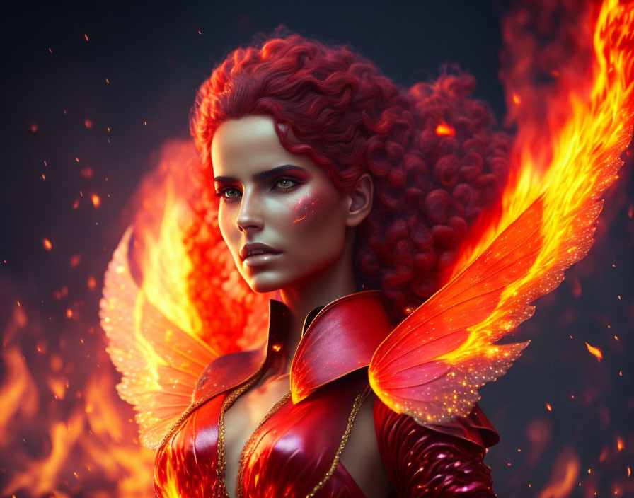 Vibrant red-haired female figure in armor with fiery wings amidst flames