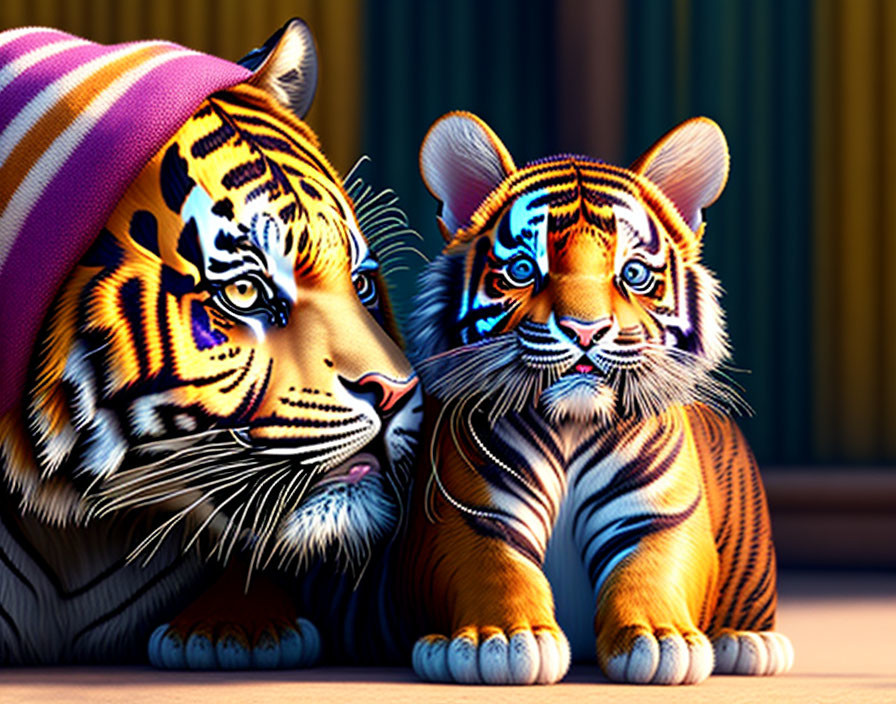 Two Vibrantly Colored Stylized Tigers with Intricate Markings Sitting Together