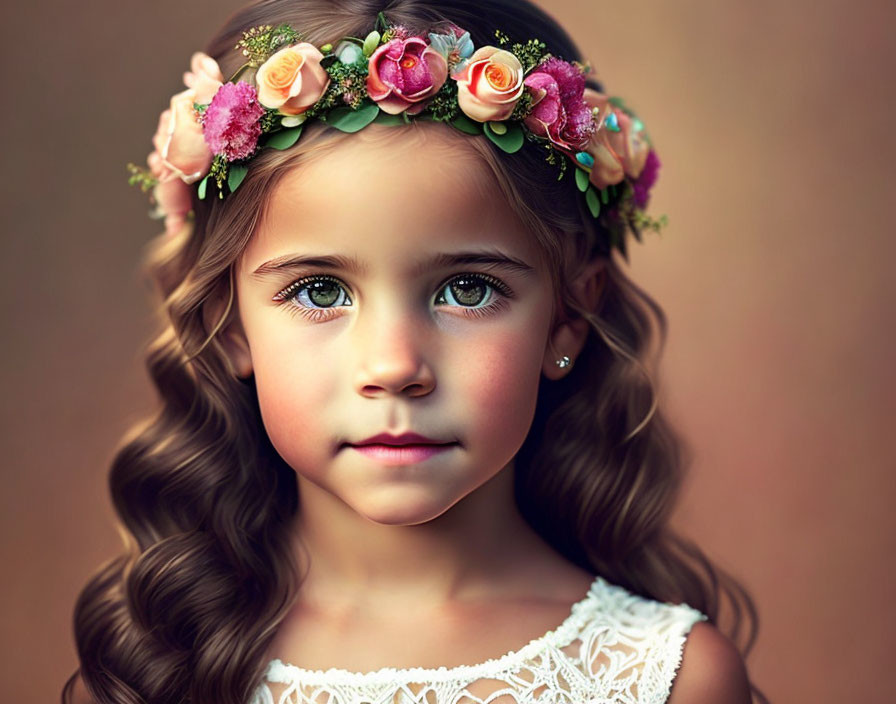 Young girl with curly hair in floral headband and lace dress.