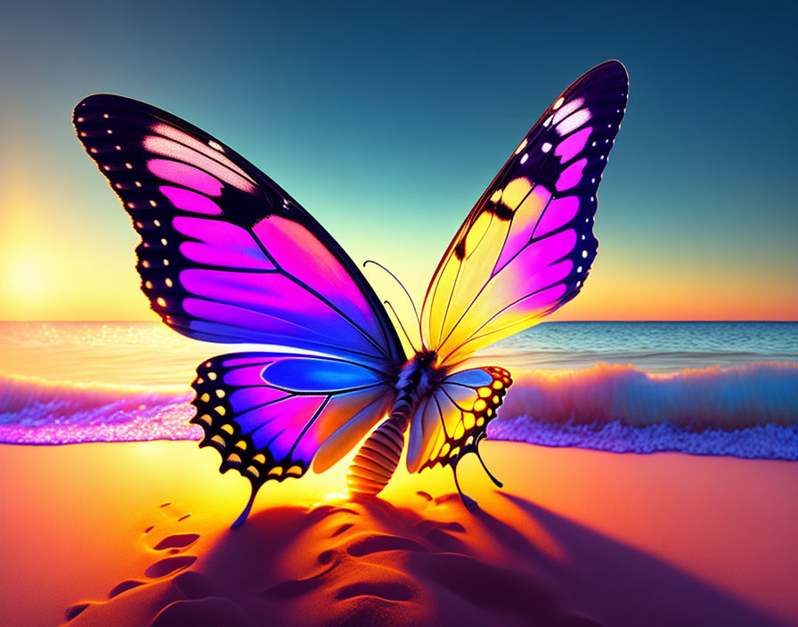 Colorful Butterfly on Beach at Sunset Sky