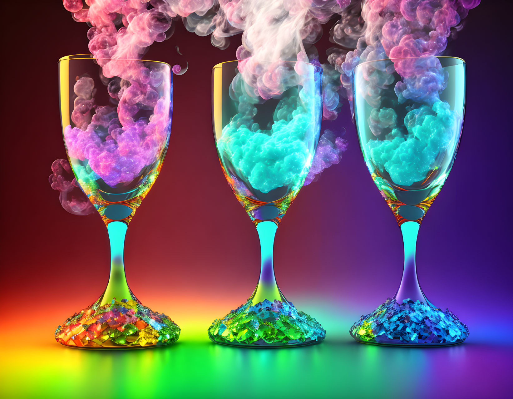 Colorful iridescent champagne glasses with swirling smoke on rainbow background