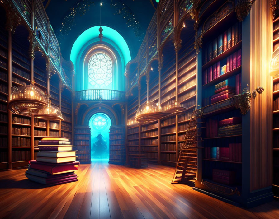 Enchanting library with towering bookshelves and mystical glow