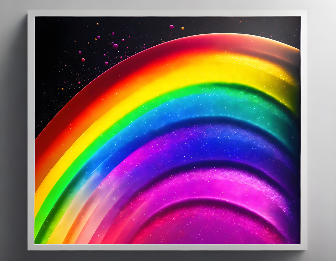 Colorful cosmic-themed rainbow art on wall display