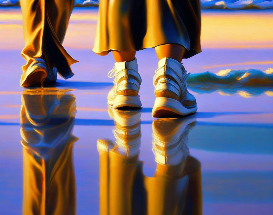 Two Individuals Standing with Sneakers Reflected in Sunset Colors