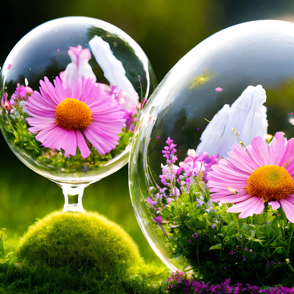 Transparent bubbles reflecting pink flowers and greenery on a sunny day