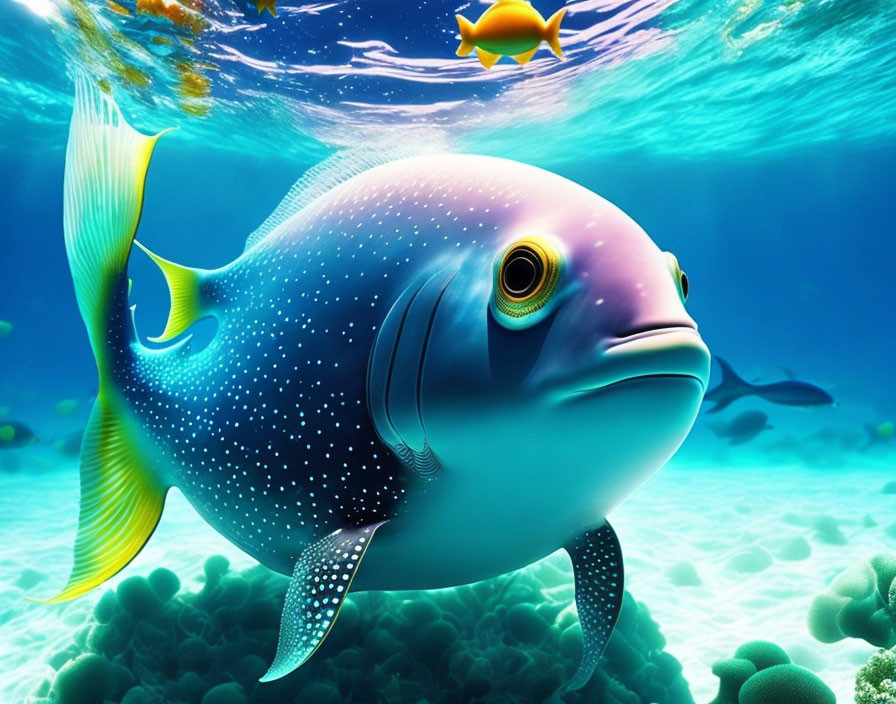 Colorful digital illustration: Oversized whimsical fish with starry texture swimming near coral reef.