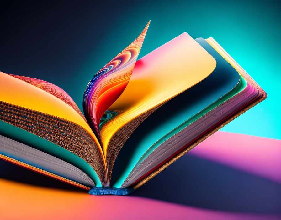 Colorful Fanned Pages on Open Book Against Blue and Pink Gradient