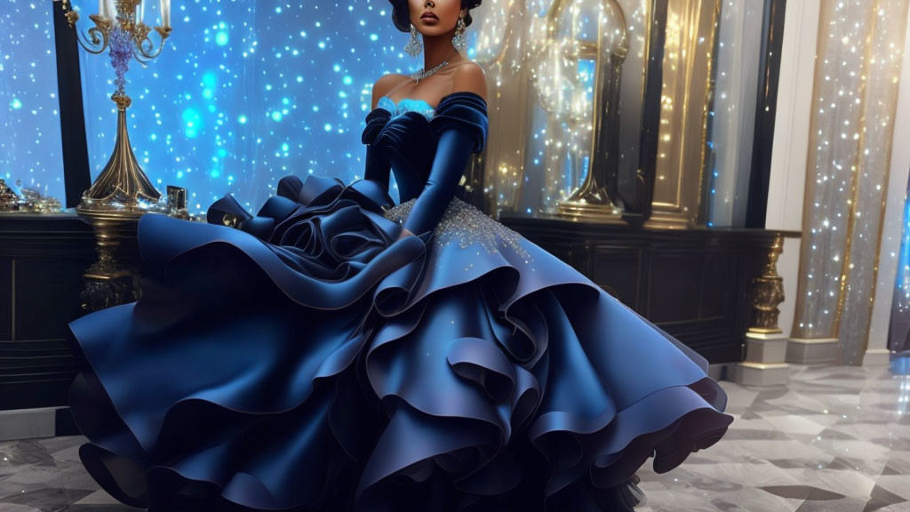 Elegant woman in voluminous blue gown in luxurious room.