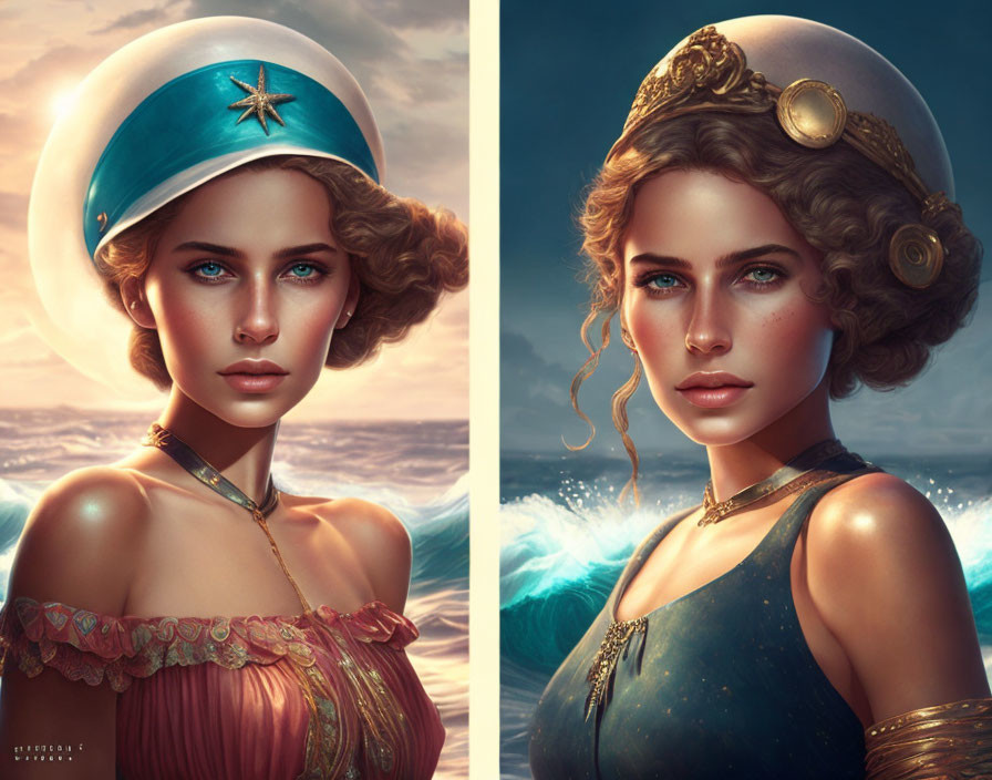 Stylized portraits of a woman with oceanic elements and helmet against seascape.