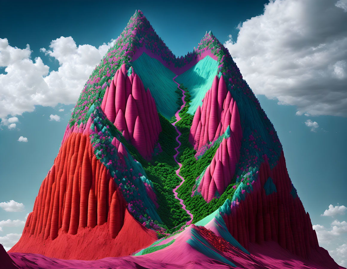 Vibrant digitally manipulated mountain in pink, turquoise, and red hues