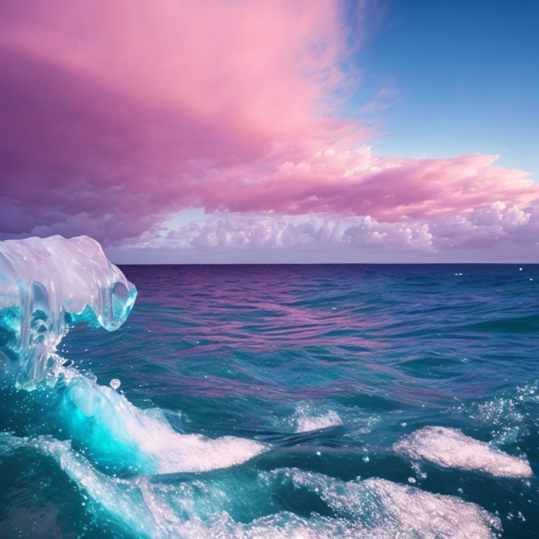 Vibrant ocean with turquoise wave under pink and blue sky