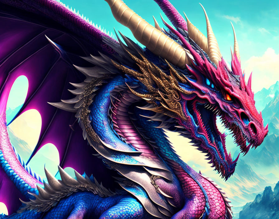 Colorful Dragon with Red Eyes, Blue and Purple Scales, Horns, and Wings in Mountain