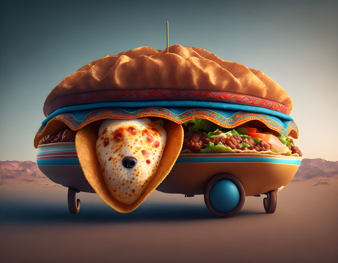 Cheeseburger-themed vehicle with pizza slice driver