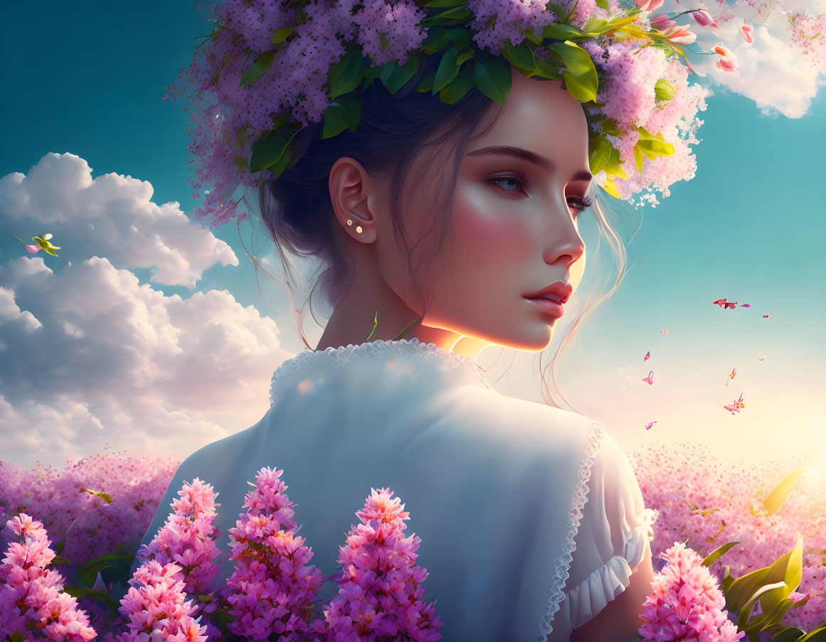 Woman with floral wreath in pink flower field under dusky sky