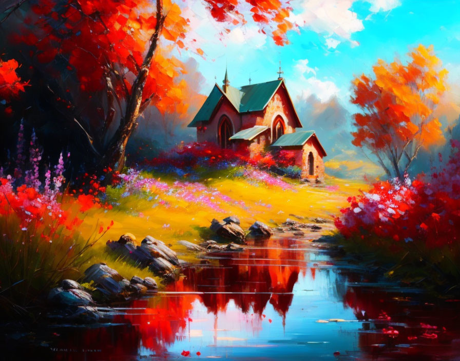 Colorful autumn landscape with church, river, and path