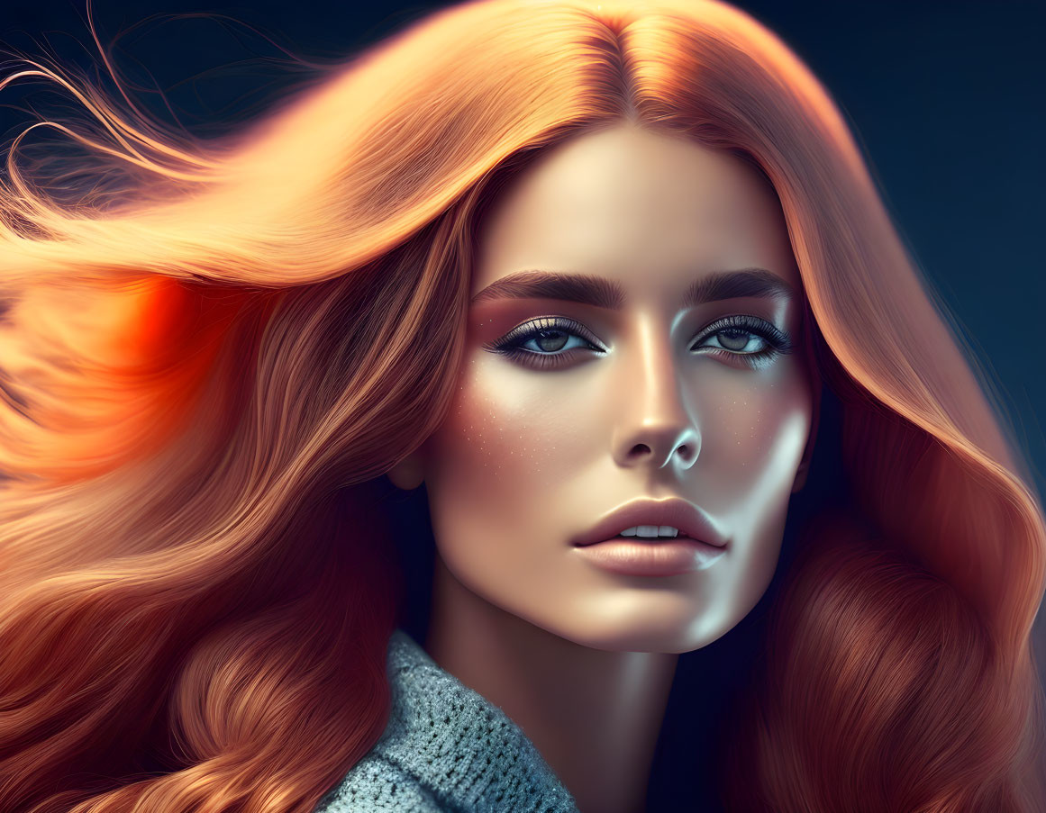 Woman with Orange Hair and Blue Eyes on Dark Blue Background