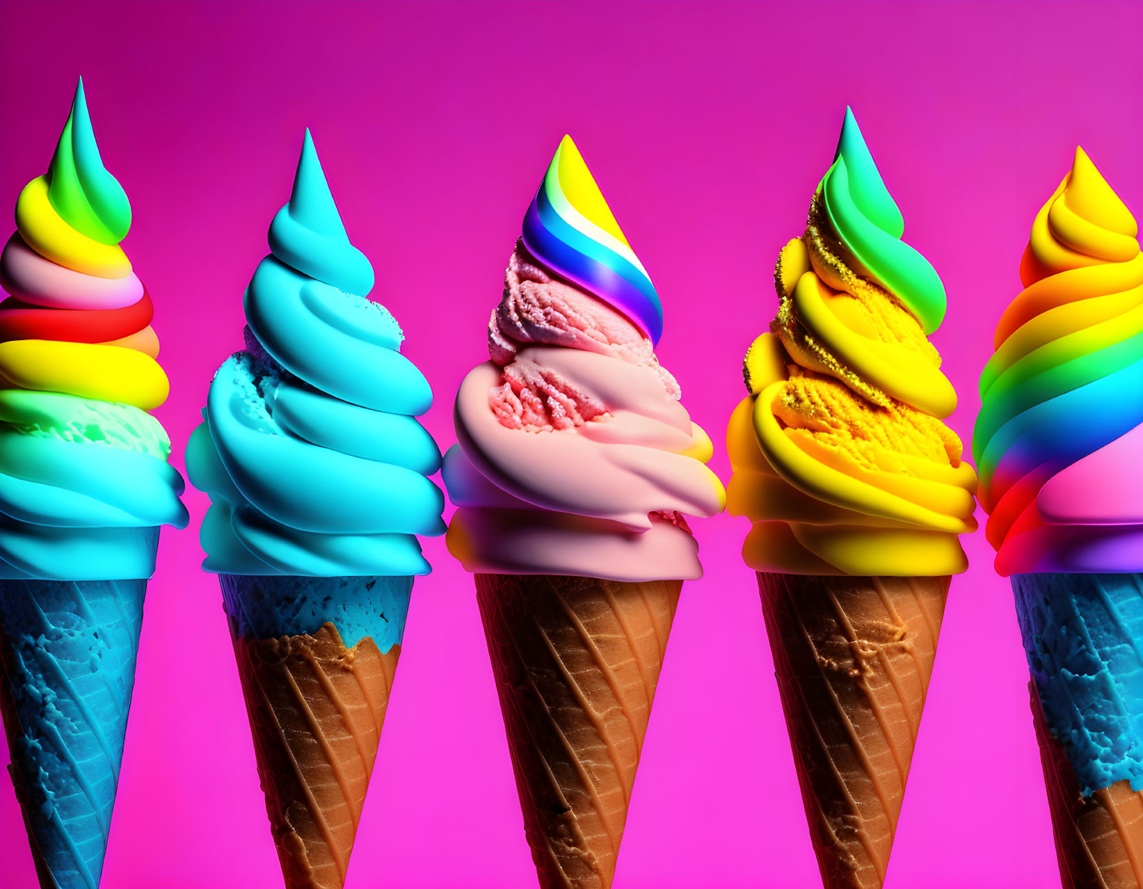 Vibrant soft serve ice cream cones on pink background