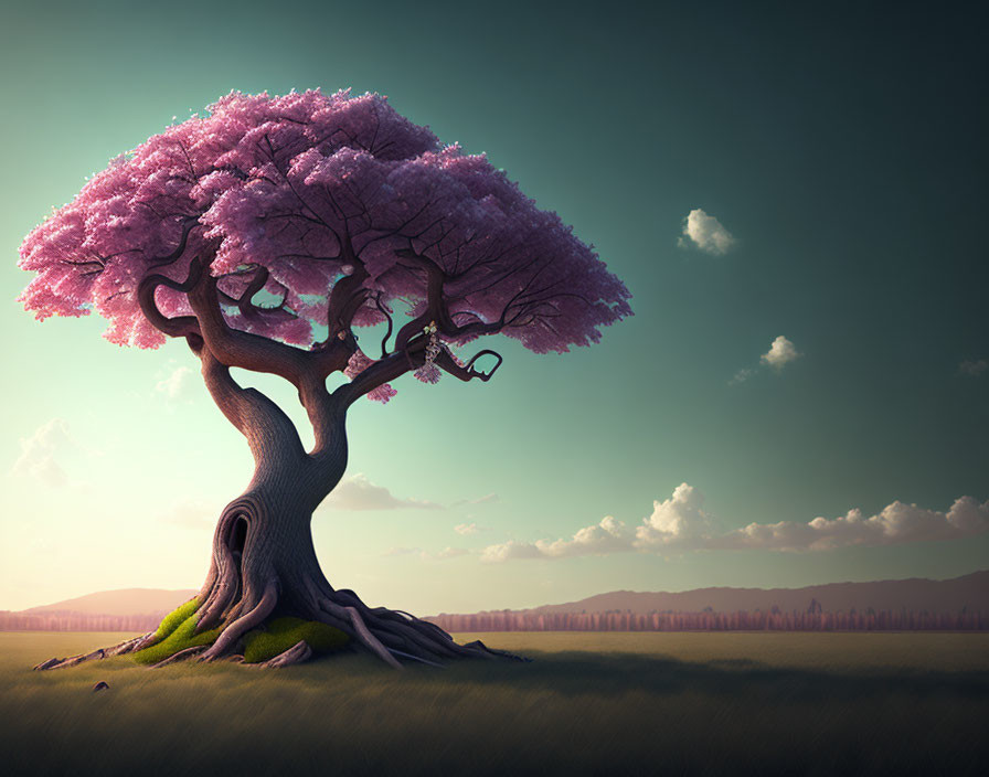 Whimsical illustration: Large tree with vibrant pink foliage on green hillock